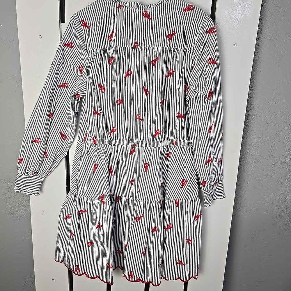 Lands' End Lobster Applique Popover Dress Medium Striped Red Grey Coastal - Picture 4 of 12